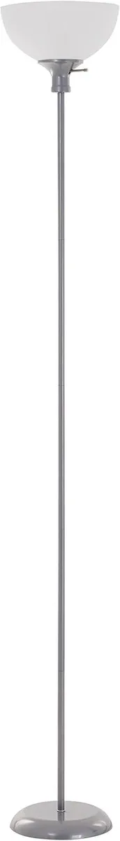 A silver metal torchiere floor lamp with a tall slender pole and upward-facing bowl shade