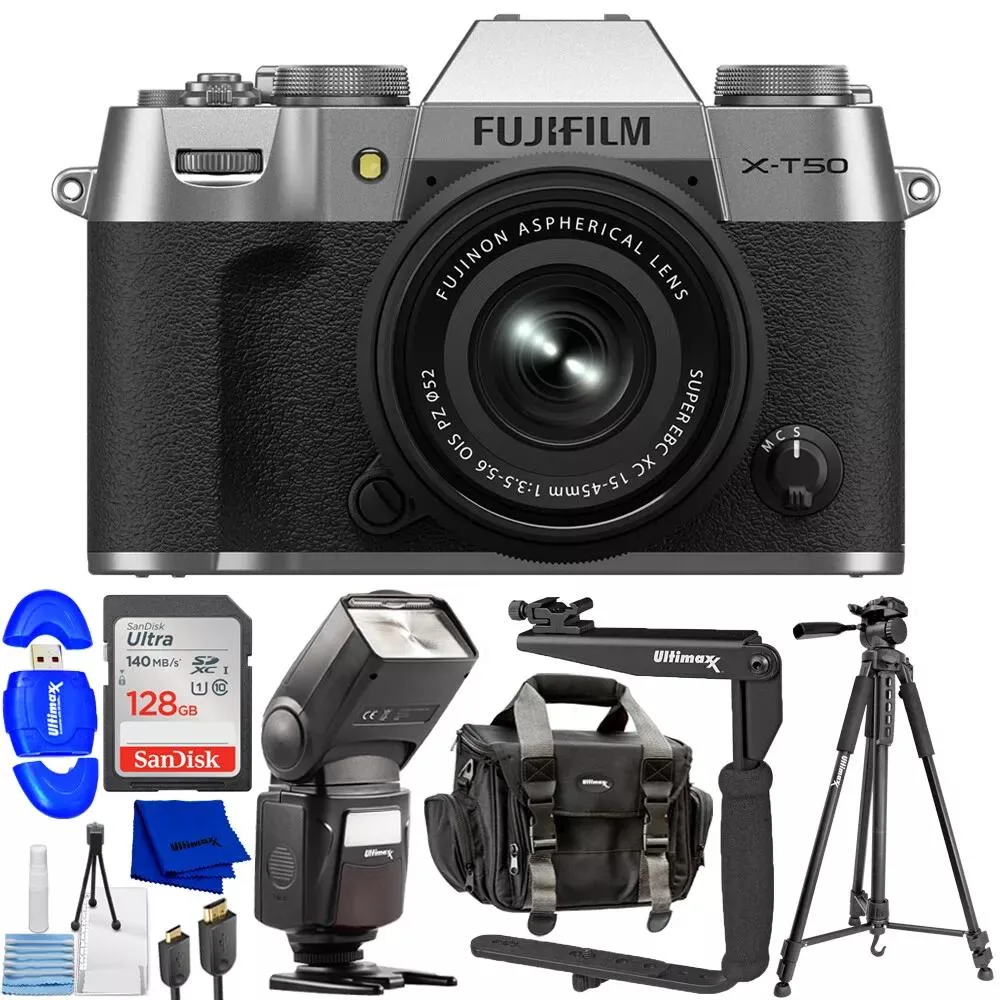 FUJIFILM FUJIFILM X-T50 40.2MP Compact Mirrorless Camera 15-45mm f/3.5-5.6 Silver 10PC Kit — product photo