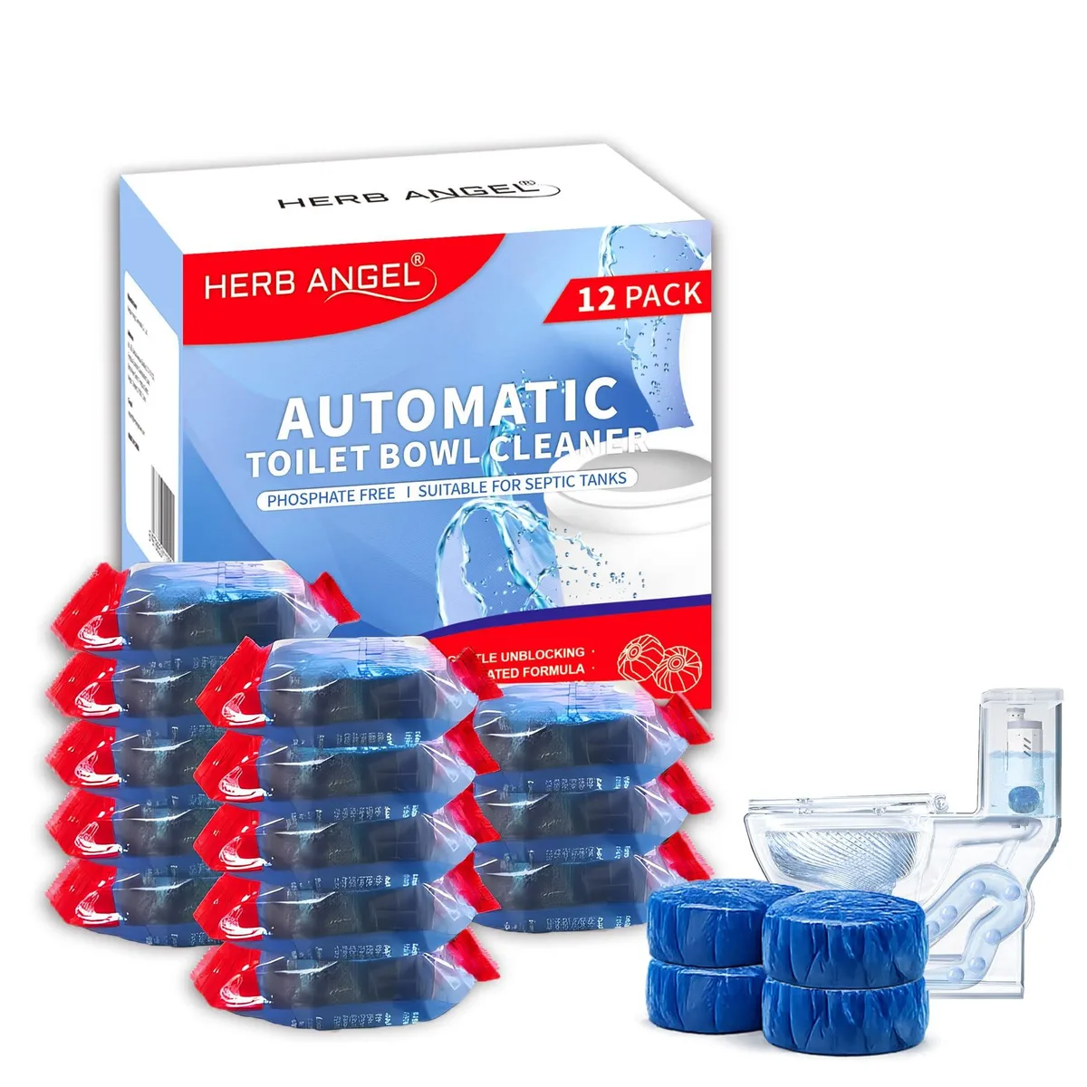 White toilet tank cleaning tablets in a 12 pack box