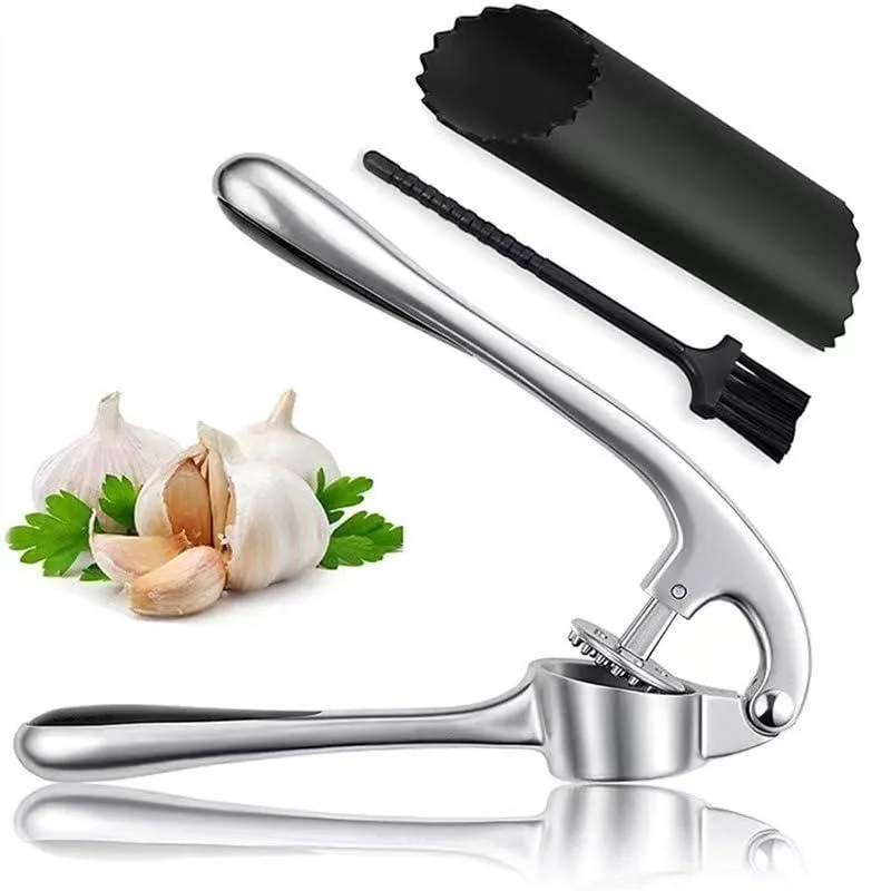 Silver zinc garlic press with black silicone peeler and cleaning brush