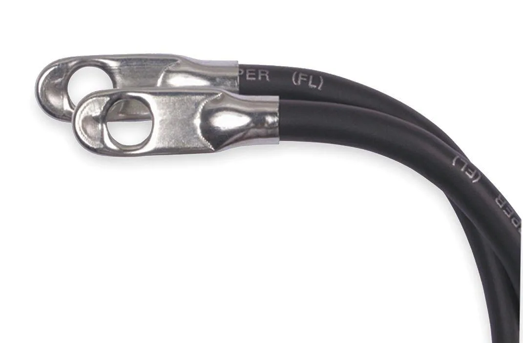 Black 4 AWG battery cable with flattened lugs, 68 inches long