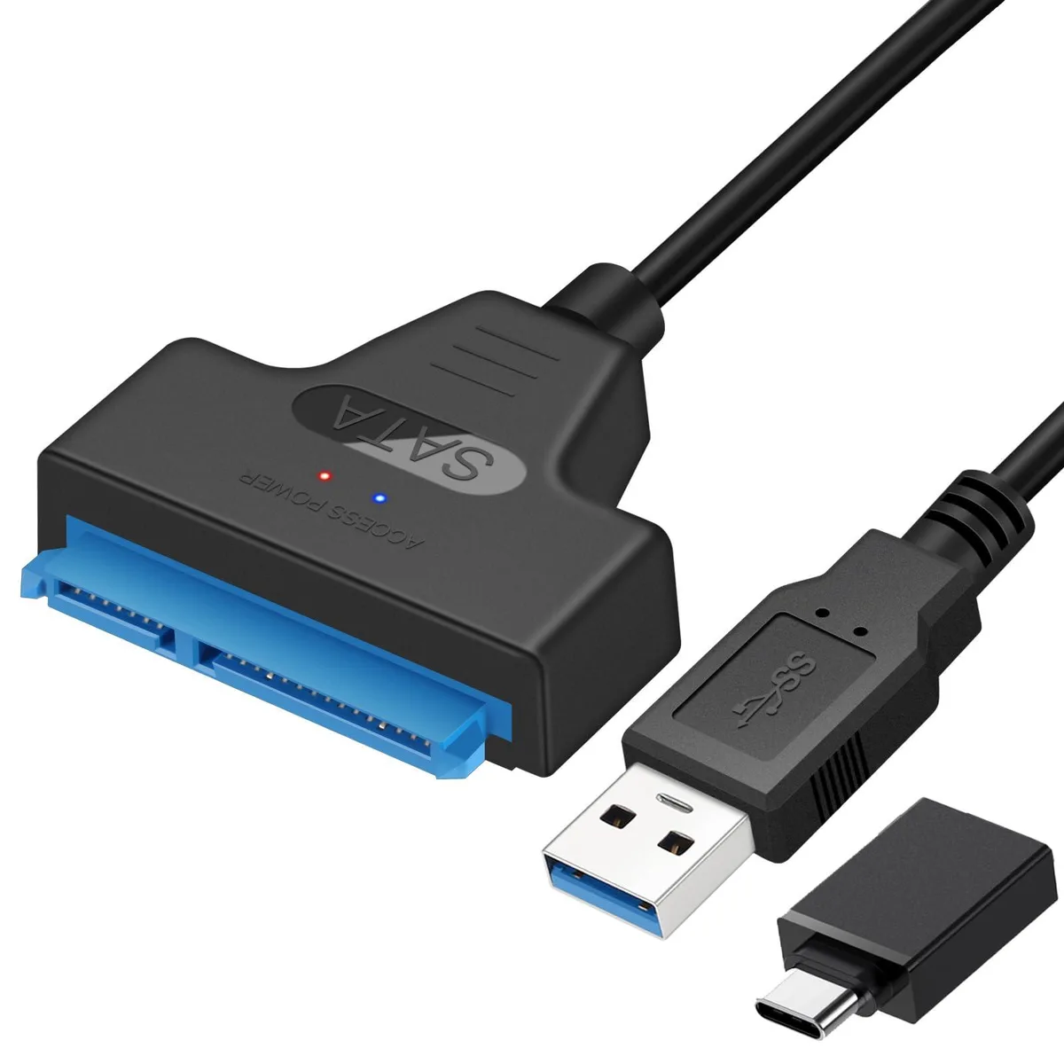 Black USB 3.0 to SATA adapter cable for 2.5 inch drives, matte finish, compact rectangular connector with LED indicator