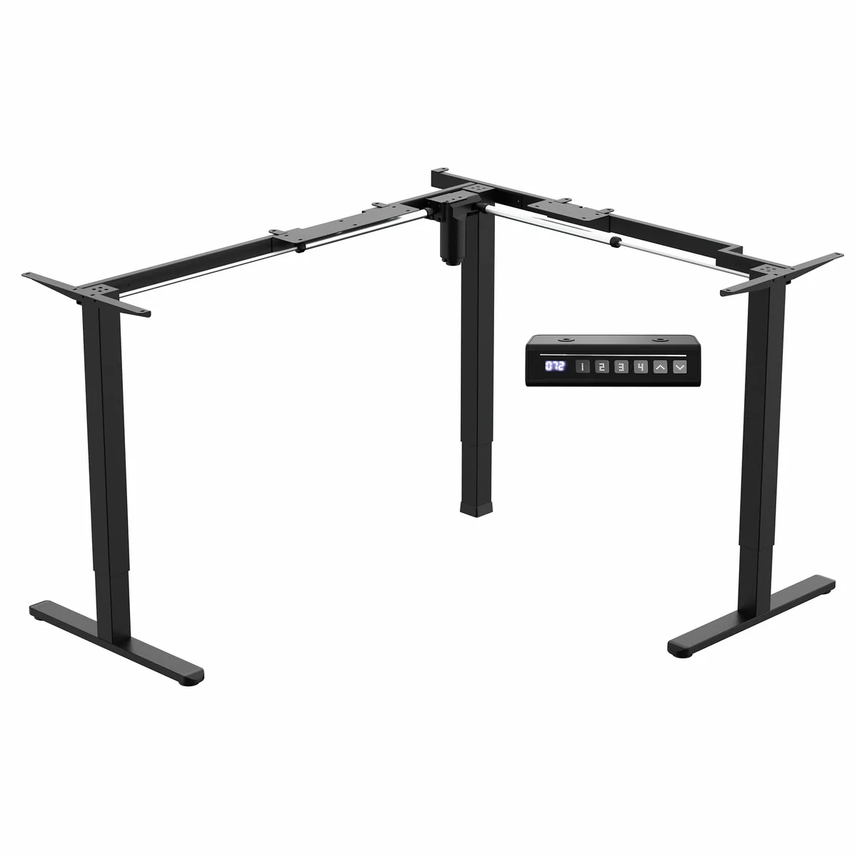 Black steel L-shaped standing desk frame with three telescopic legs and push-button controller