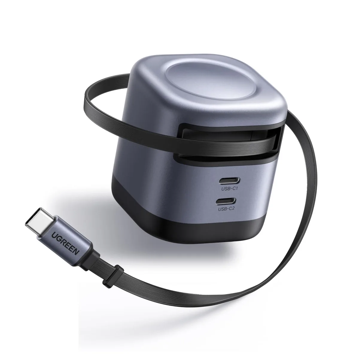 Space-grey cube charger with retractable USB-C cable and two extra ports