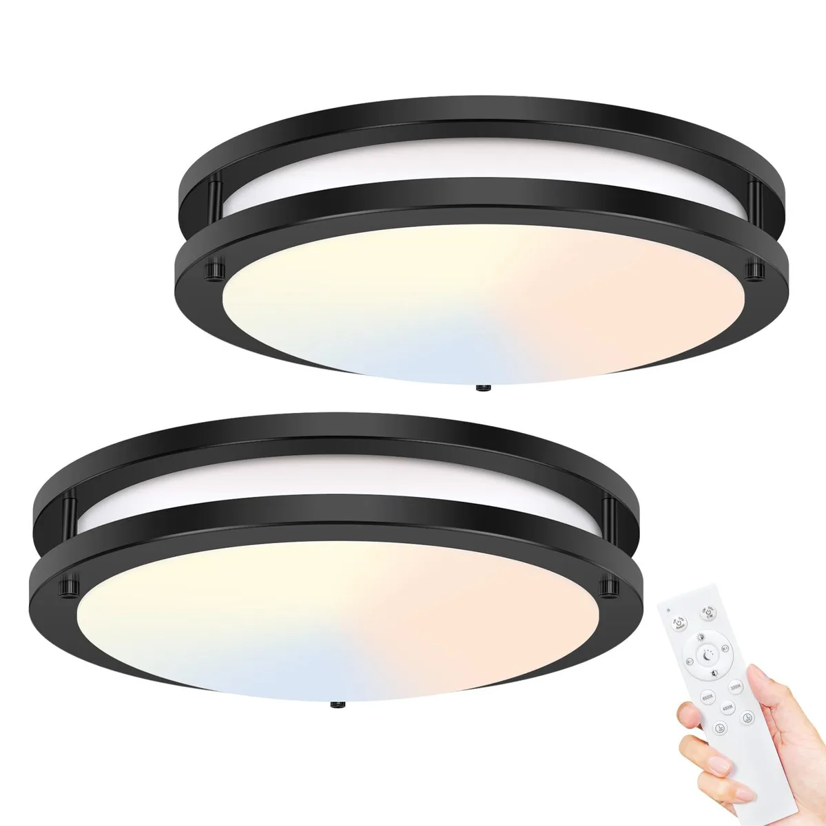 Two white 10 inch flush mount LED ceiling lights with clear prismatic acrylic diffusers, black remote control included