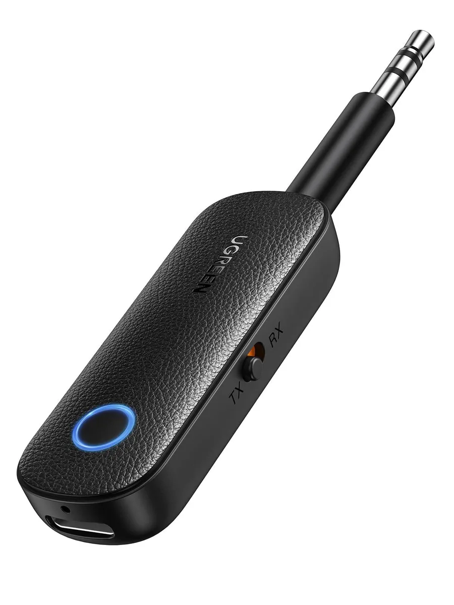 Small rectangular Bluetooth adapter with 3.5mm aux cable, matte black finish