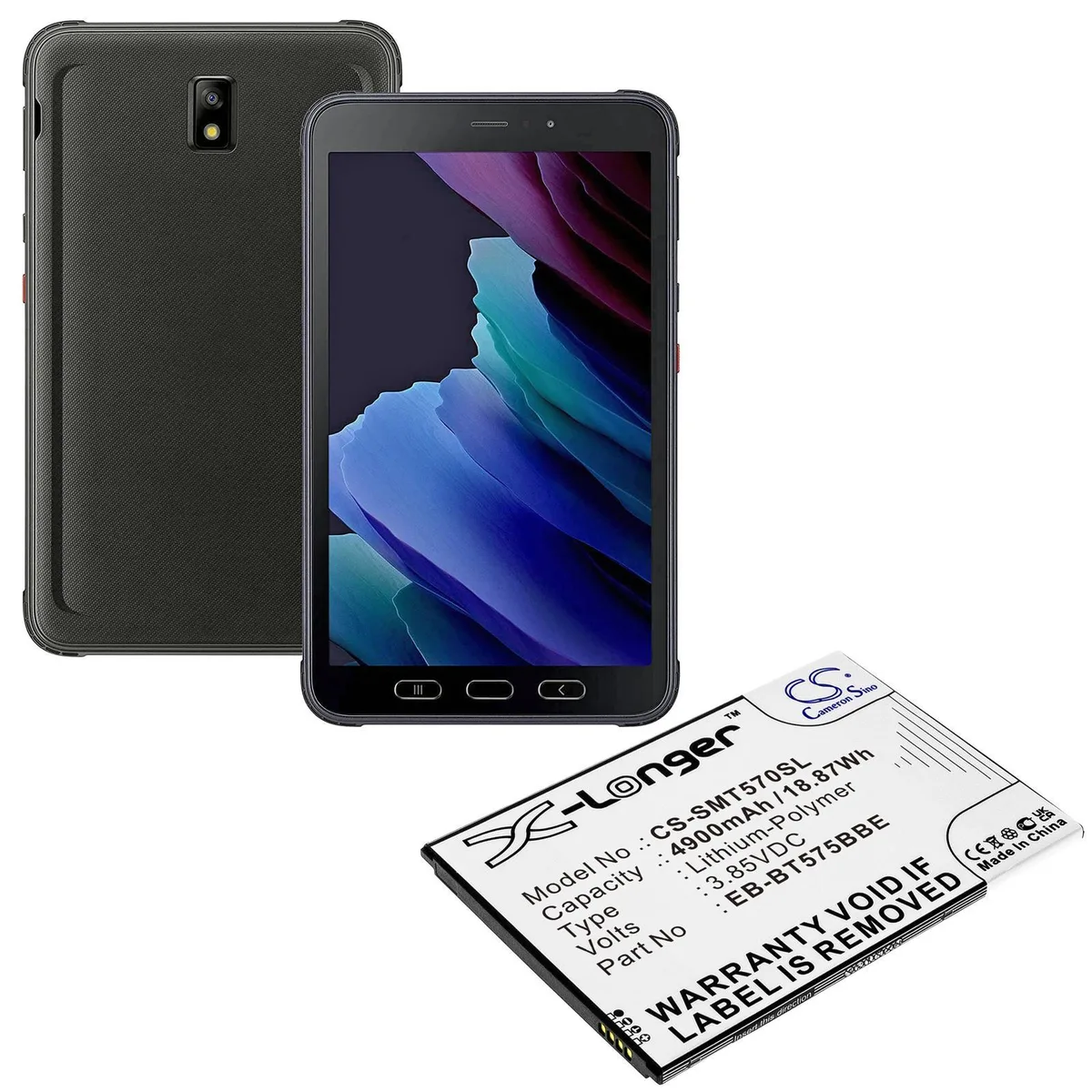 Rectangular black battery pack with connector ribbon and Samsung model labels