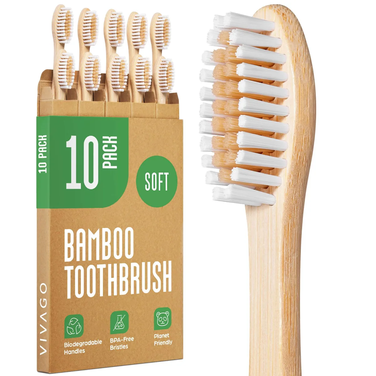 Ten light bamboo toothbrushes with soft bristles in a cardboard box