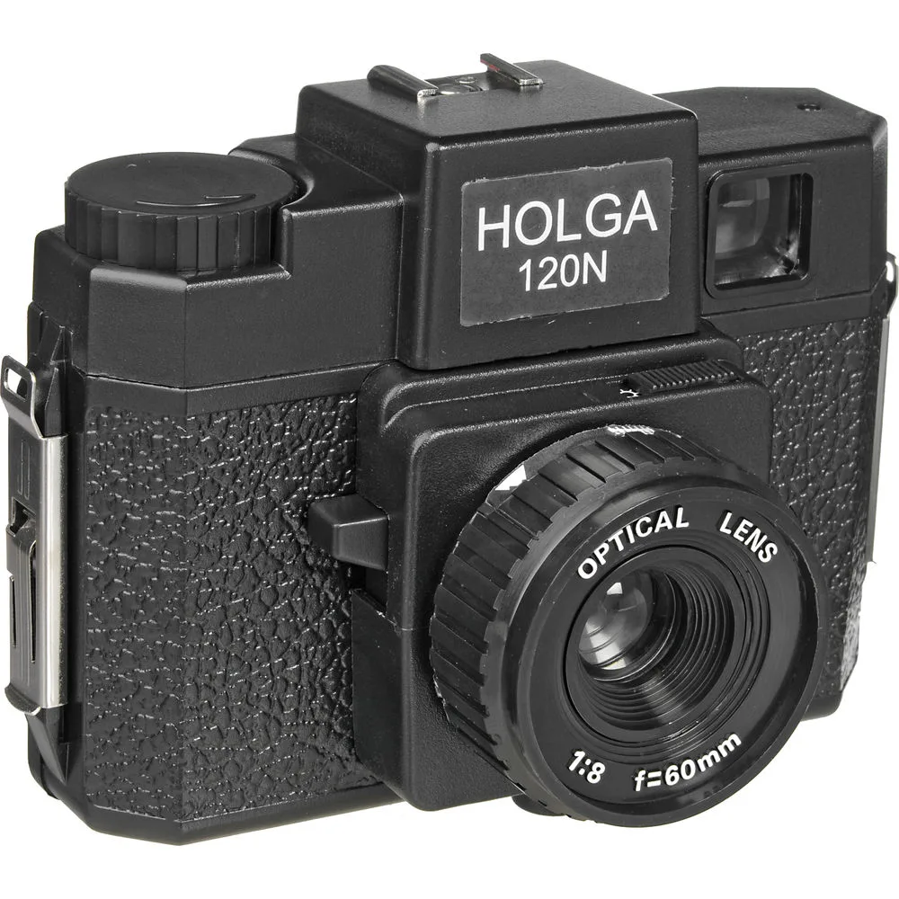 Black medium-format film camera with plastic lens and winding knob