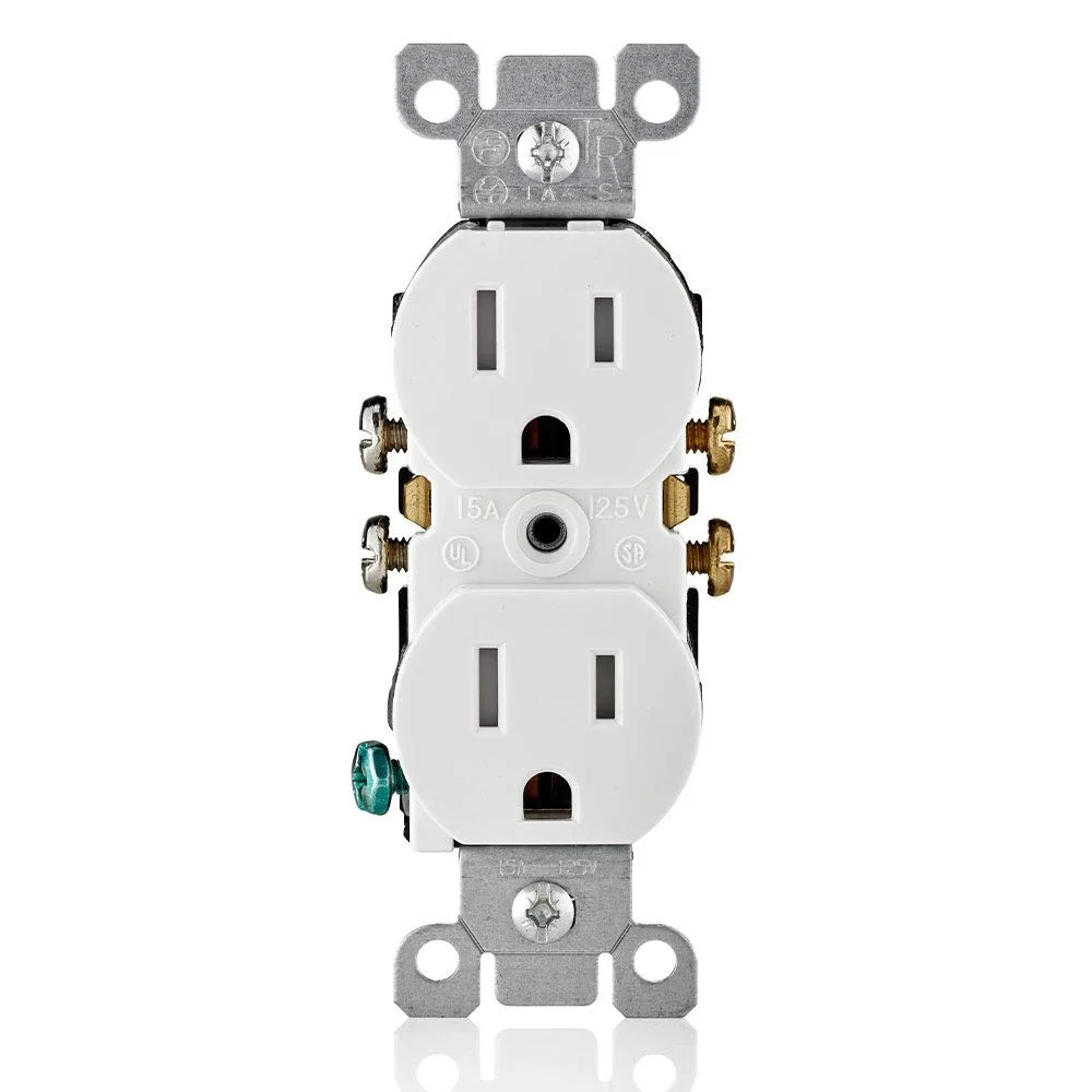 Ten white tamper-resistant duplex receptacles in a pack