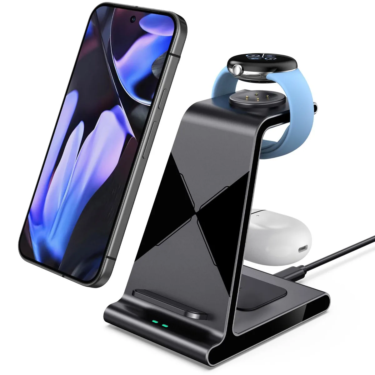 White rectangular 3-in-1 wireless charging stand with phone, watch and earbud pads