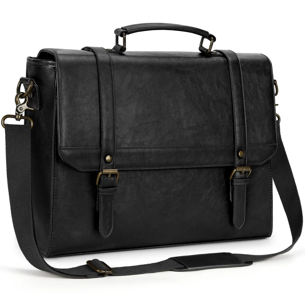 Black 18-inch messenger bag with leather handle and shoulder strap