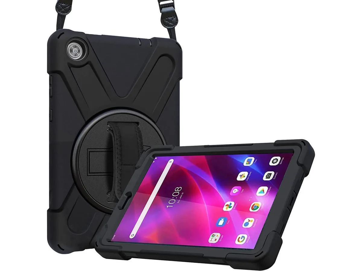 Black rugged case for 8 inch Lenovo Tab M8 with rotating handle stand and shoulder strap