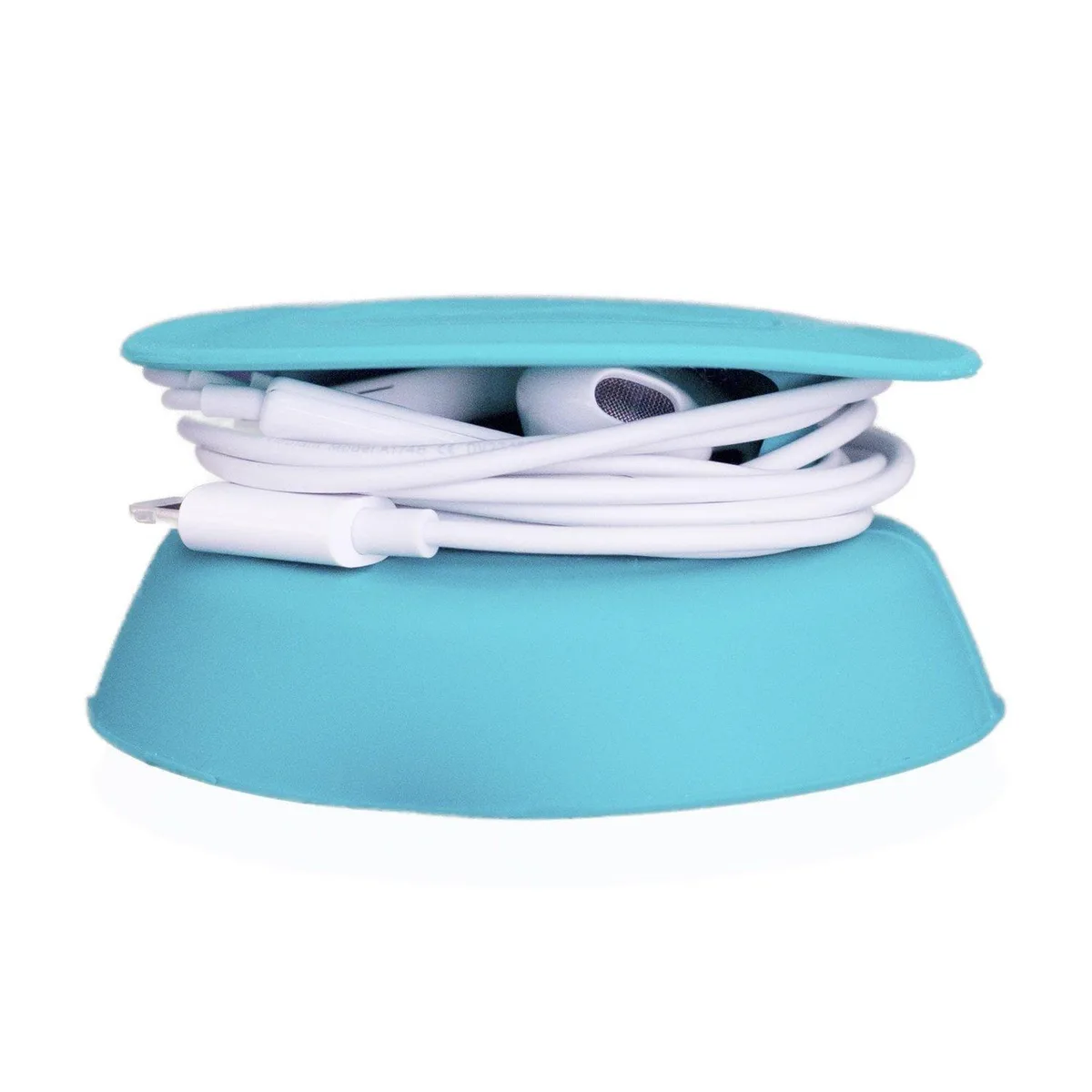 Teal silicone earbud case, 2.75 inches diameter, compact round form