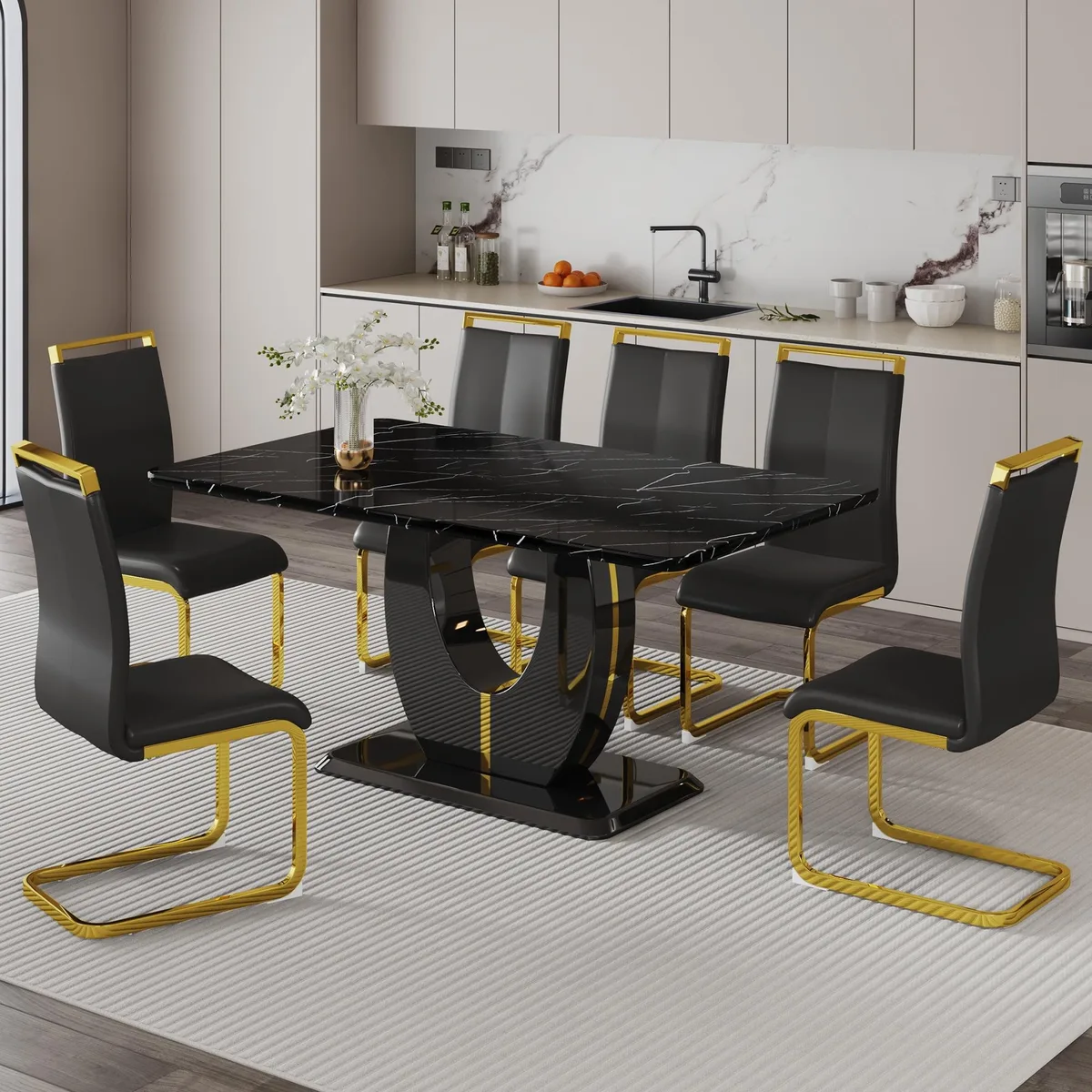 Sumdeal Sumdeal 63" Faux Marble 7-Piece Dining Set Black Golden Legs — product photo