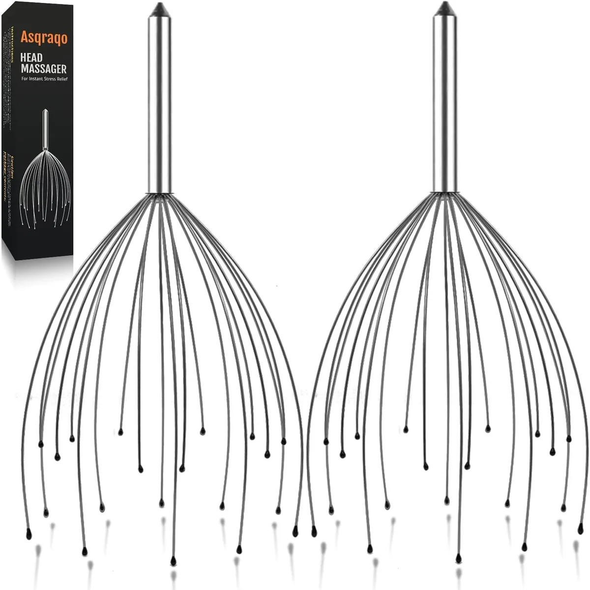 Two silver handheld scalp massagers each with twenty flexible fingers and rubber tips