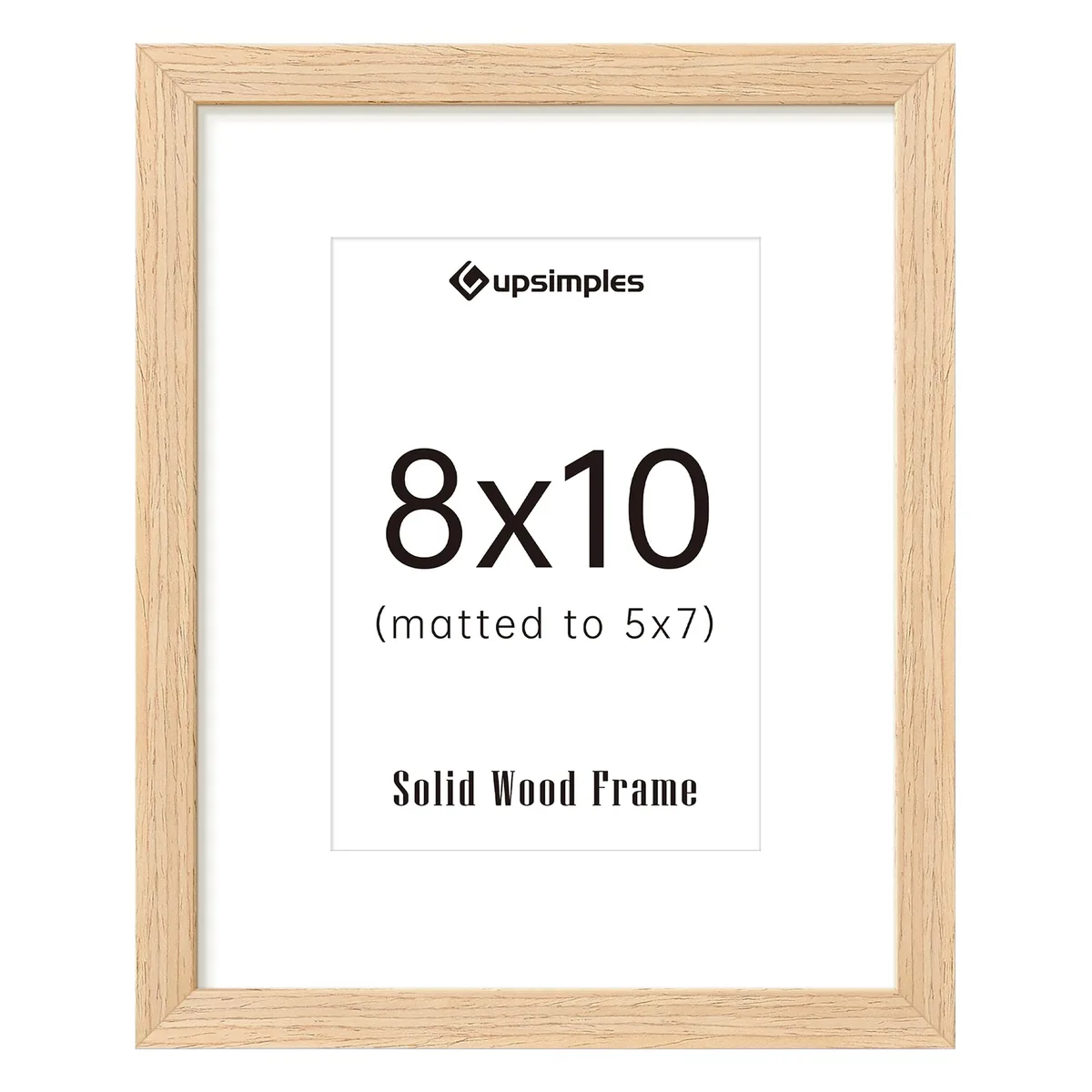 Natural solid wood 8x10 frame with clear panel, rustic grain finish, wall or tabletop display