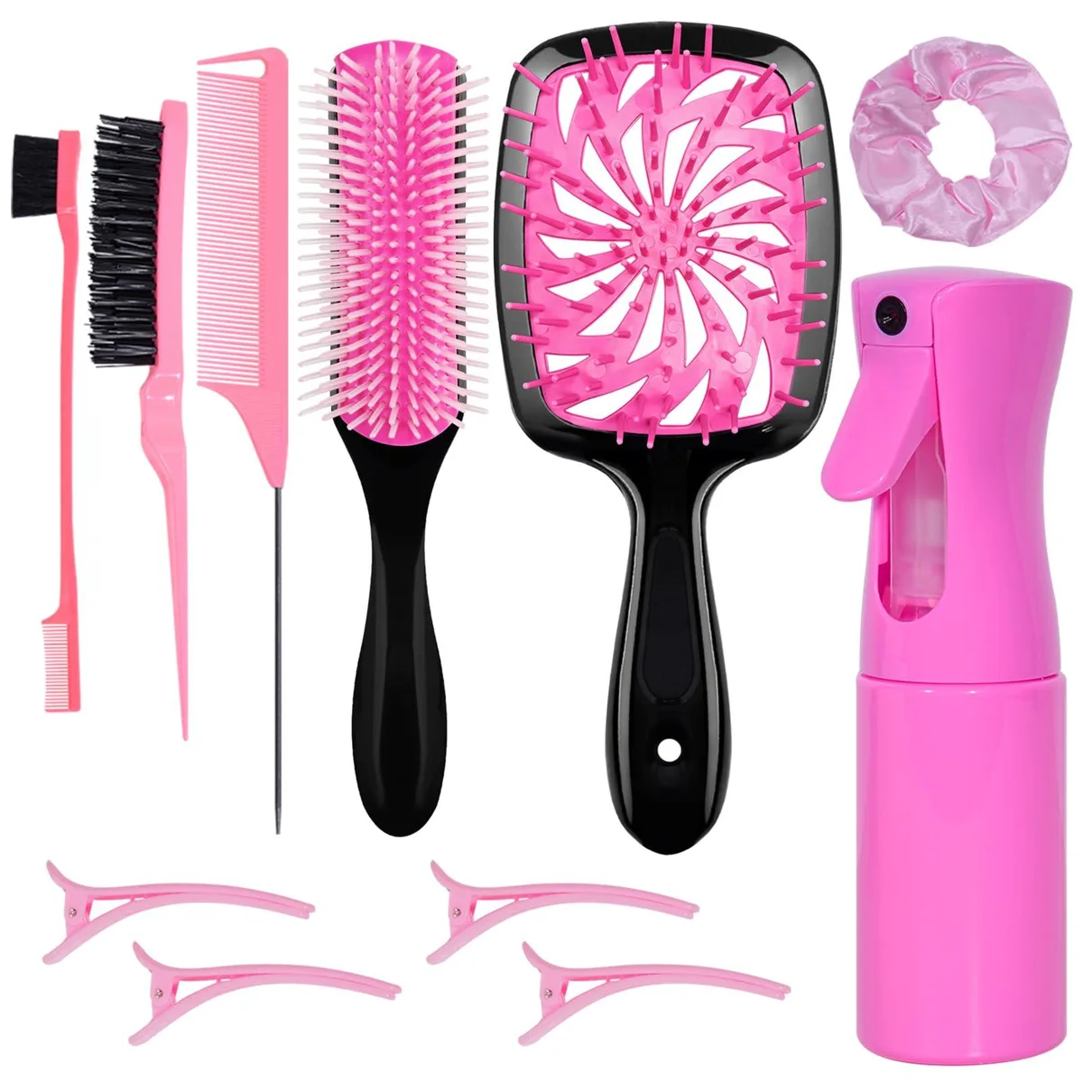 Pink 11-piece hair brush set with spray bottle and combs