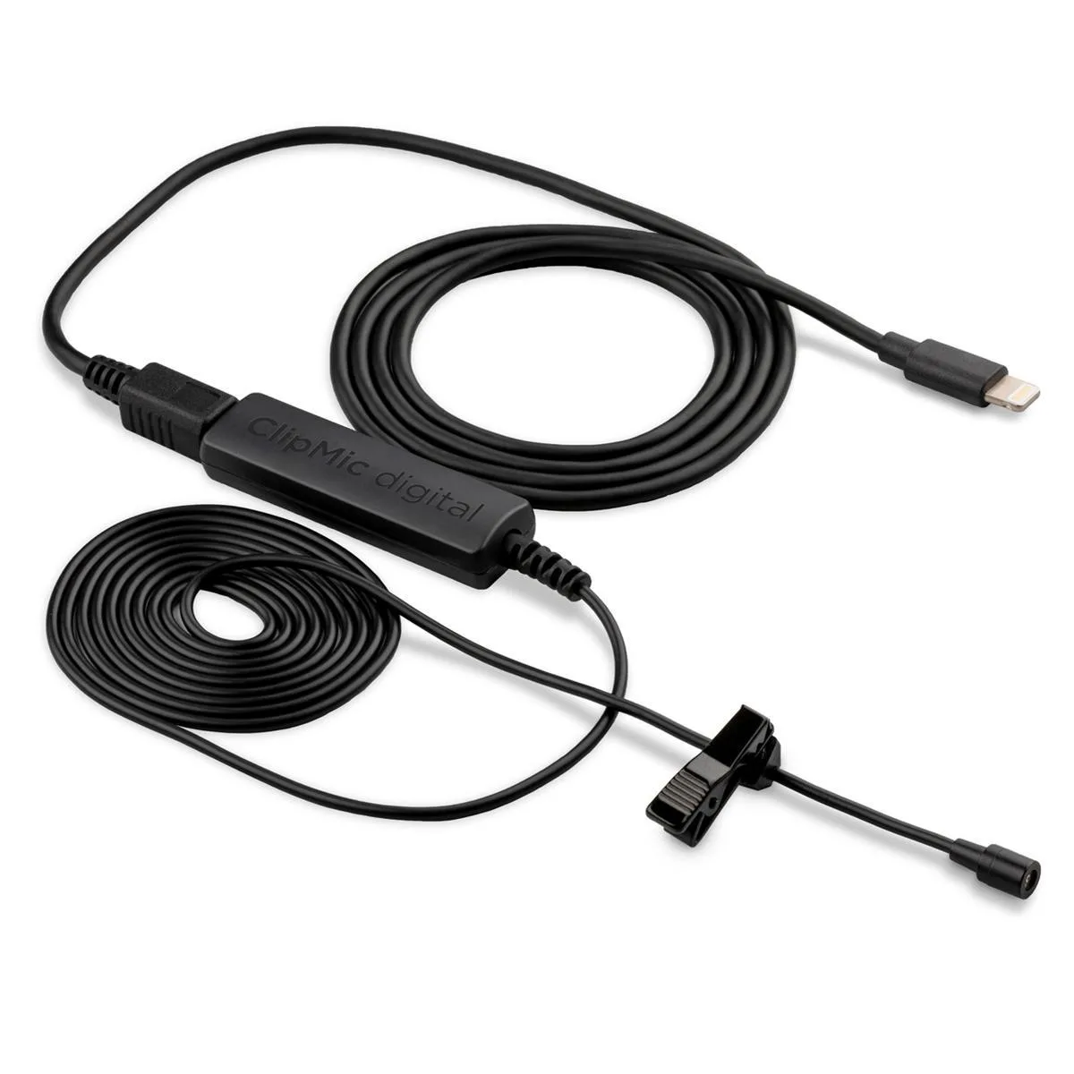 Small black lavalier microphone with clip and long cable