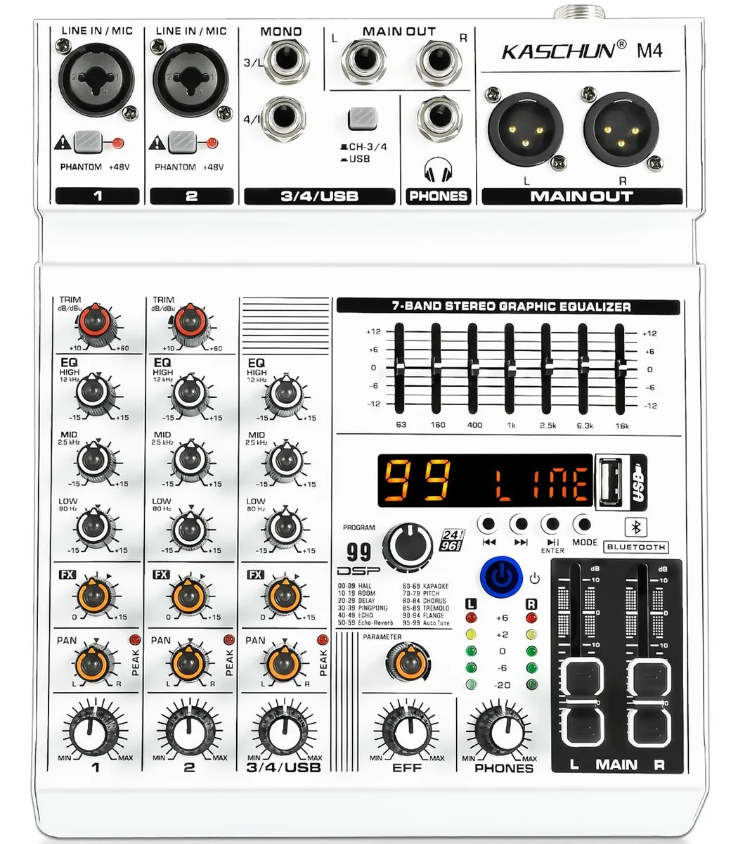  Kaschun 4-Channel Bluetooth Audio Mixer 99 DSP Effects 48V Phantom Power — product photo
