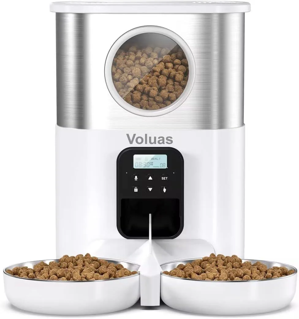 White automatic pet feeder with two aluminium bowls and a 10s voice recorder
