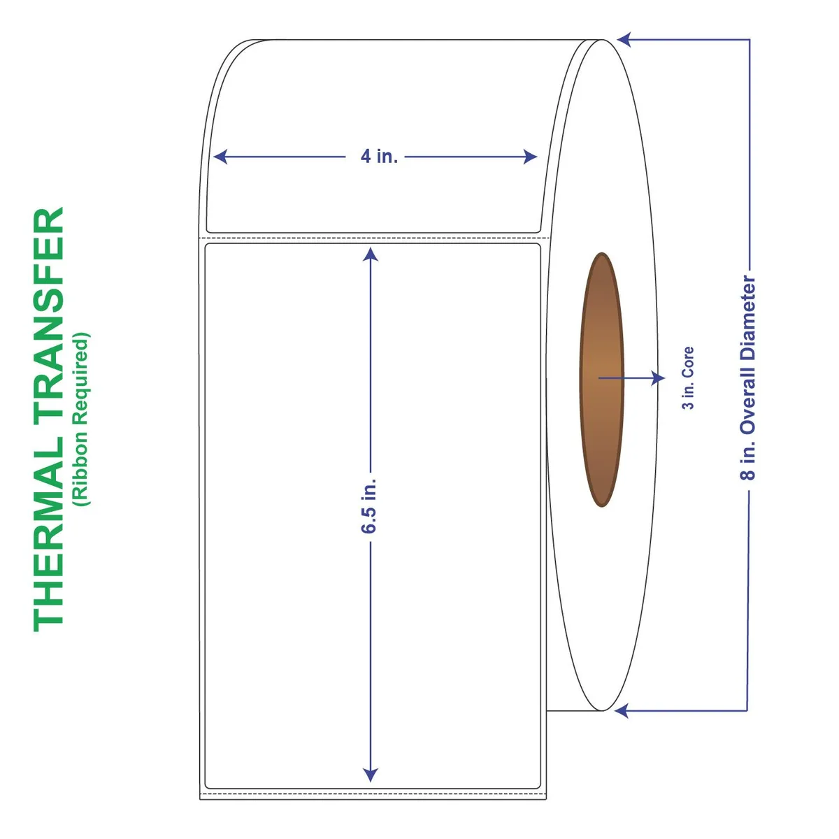 Four rolls of white perforated thermal transfer labels in a carton