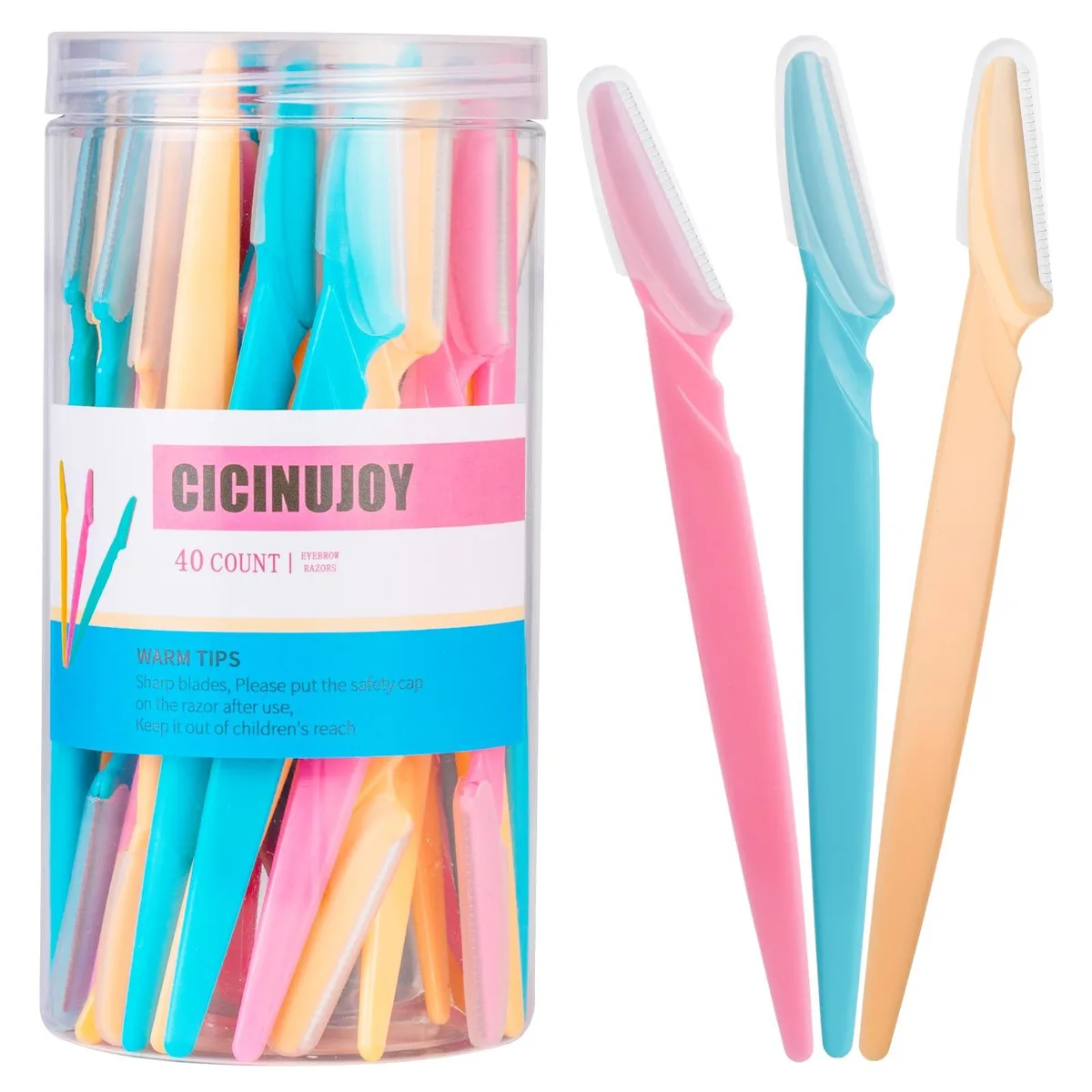 Transparent box holding forty stainless-steel eyebrow razors with pink blue and yellow protective covers