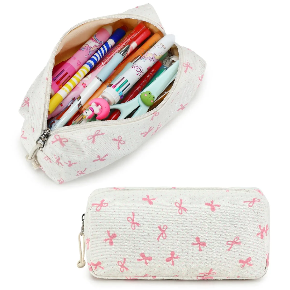 Pink corduroy pencil case with bow, side handle, two zippers