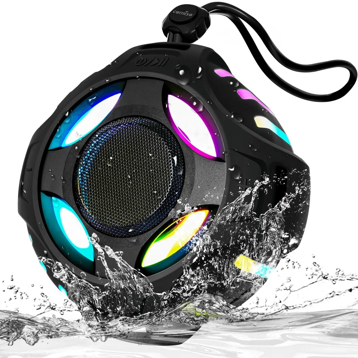 Small black rectangular speaker with rounded edges, silicone strap and LED light ring