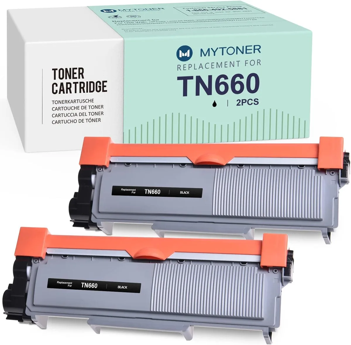Two black rectangular toner cartridges in sealed packaging
