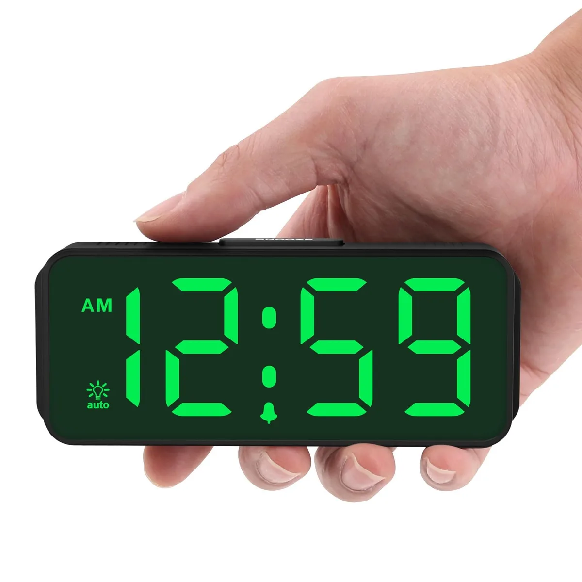 Small rectangular digital alarm clock with large LED display and matte finish