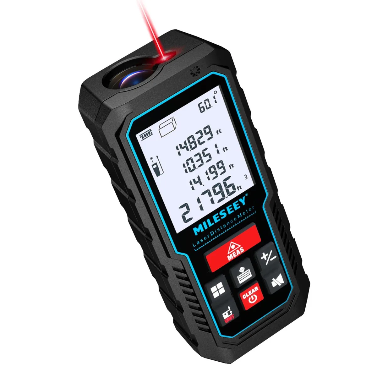 Compact handheld laser measure with backlit LCD screen