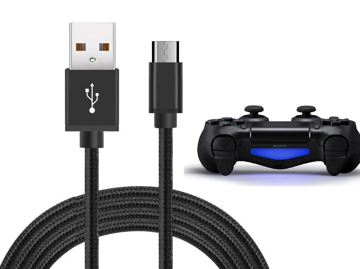 Black nylon-braided Micro USB cable, 10 ft long, male-to-female connectors