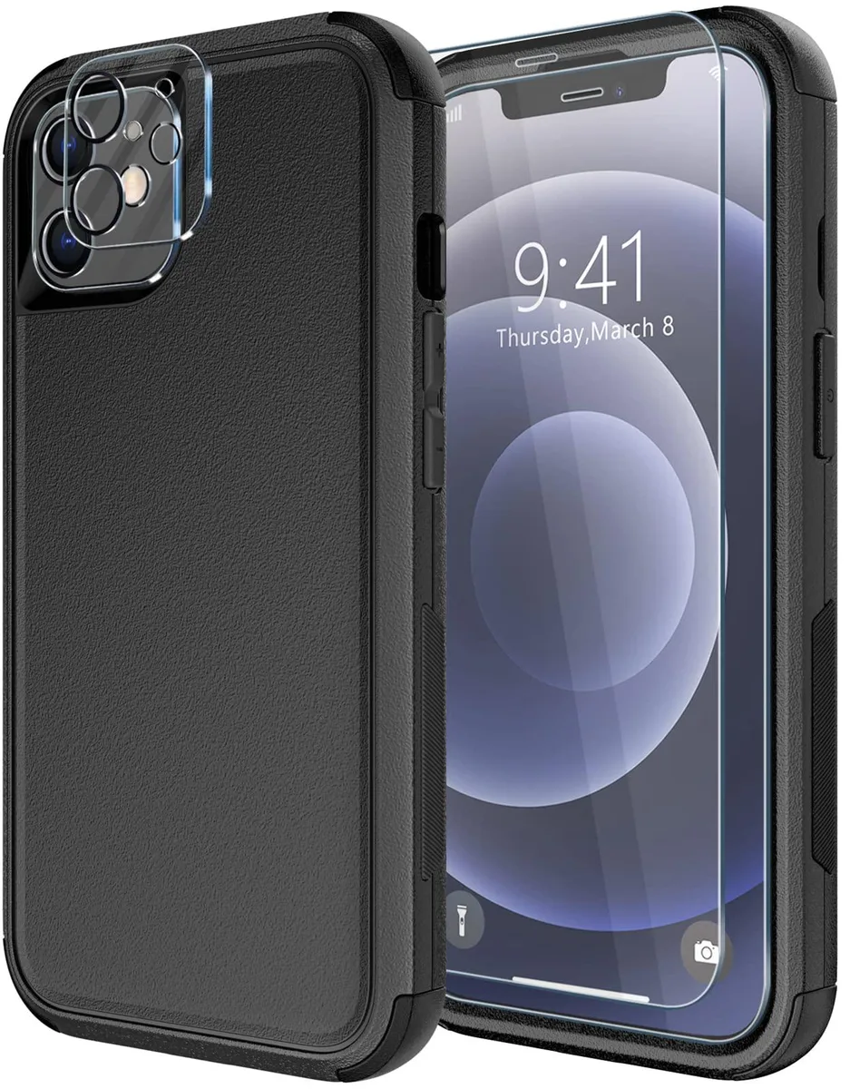  Diverbox iPhone 12 Case Black 3in1 Shockproof Dropproof Tempered Glass — product photo