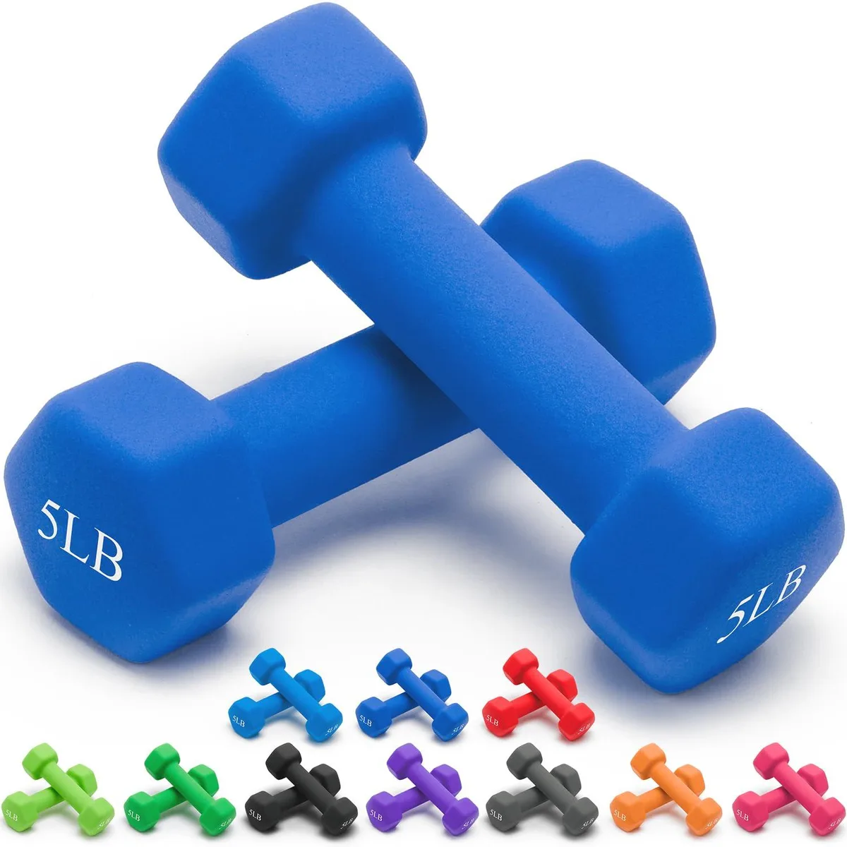 Pair of dark blue neoprene-coated hex dumbbells, 5 lb each