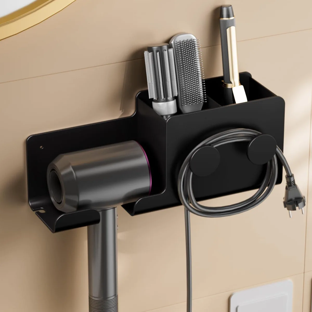 Black metal hair dryer holder with three compartments and cord winding, wall or cabinet mountable