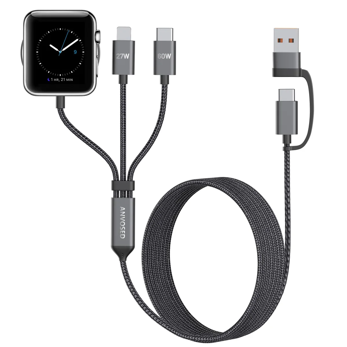  ANVOSED AWC01 Pro 6-in-1 USB-C Lightning Watch Cable Black 60W — product photo