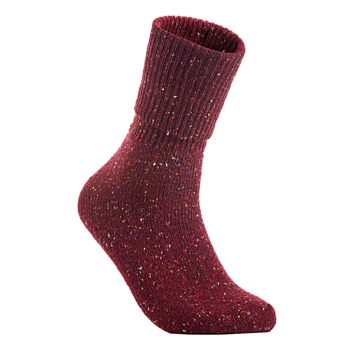 Two pairs of knee-high wool socks in wine colour, folded to show ribbed cuffs and textured knit
