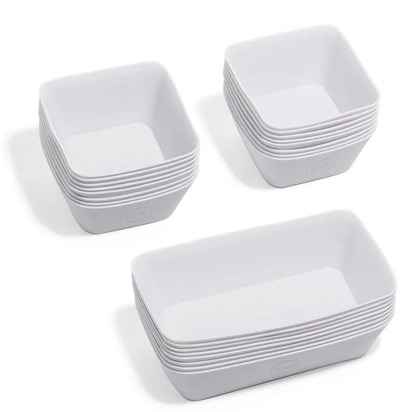 Twenty-four white silicone bento cups, square and rectangle, in cotton mesh bag