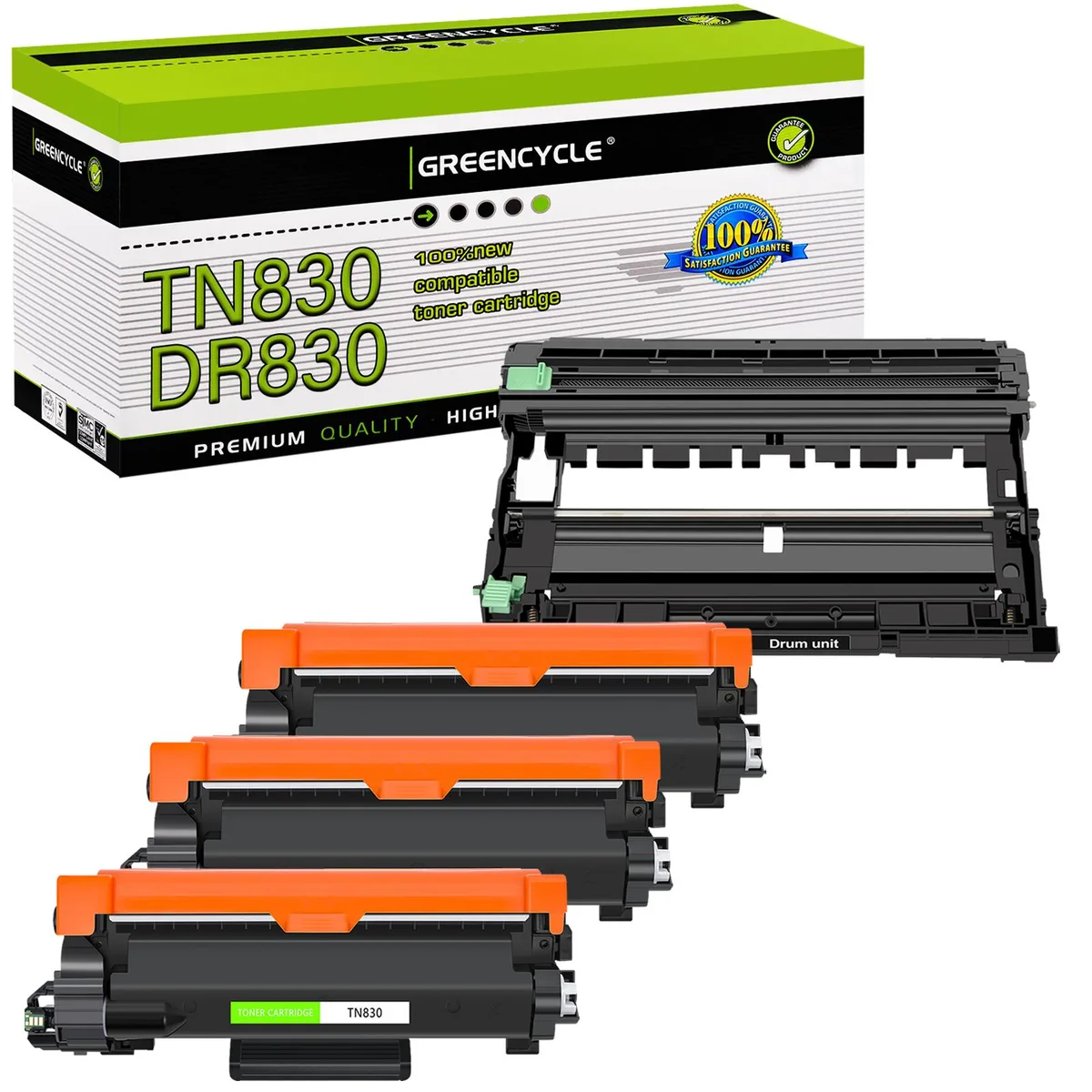 Three black toner cartridges and one drum unit in a box