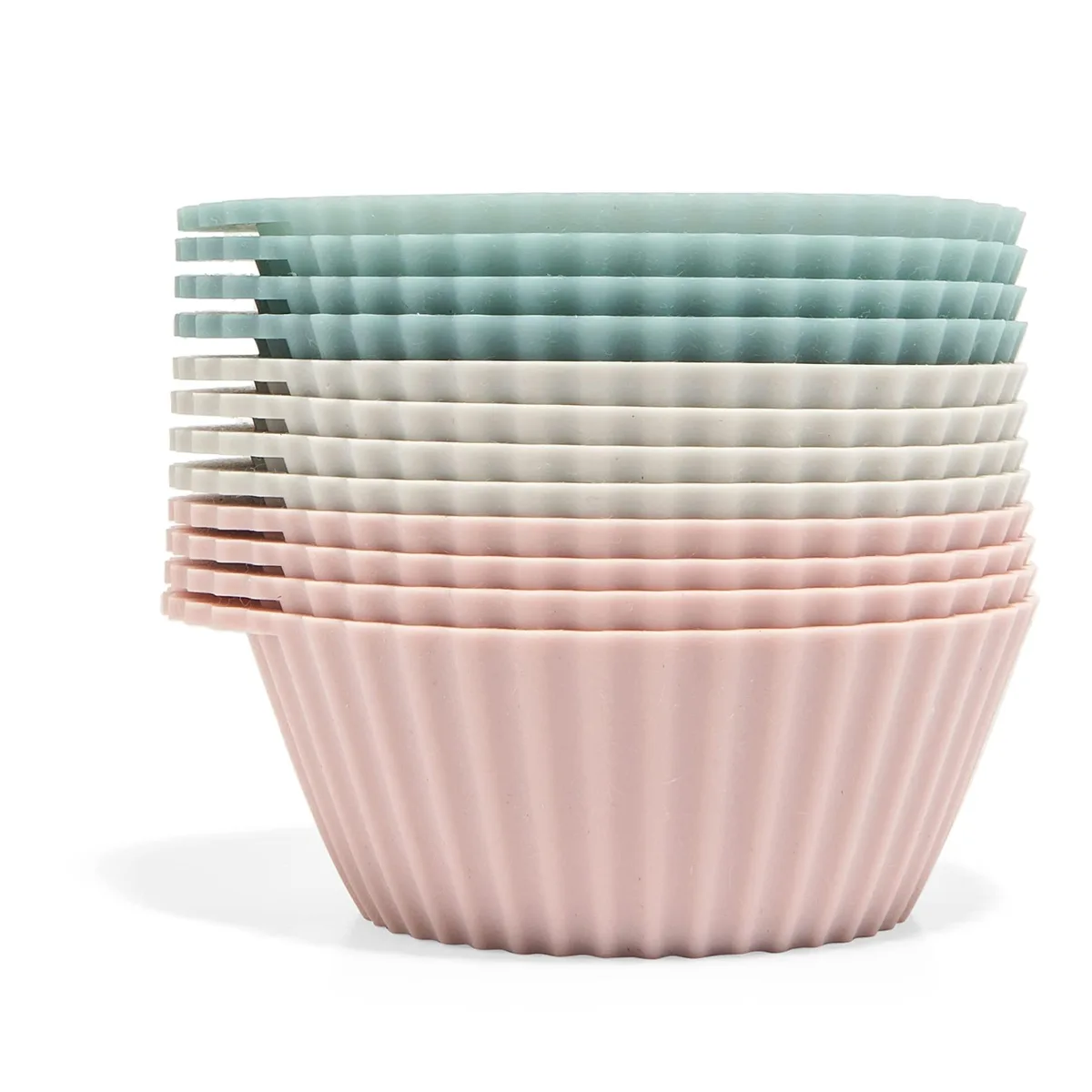 Twelve flexible silicone baking cups in dusty rose, blue and pearl gray, shown in a cotton mesh bag