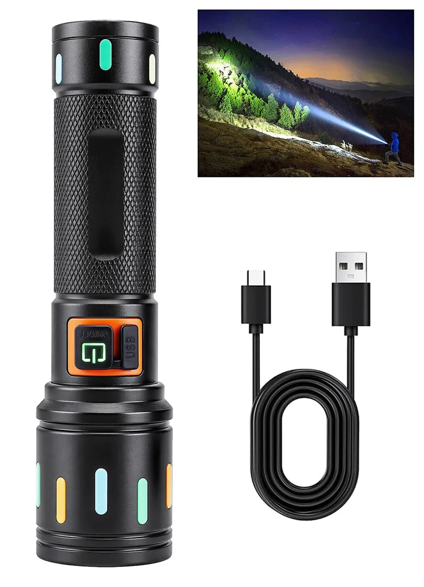 Compact aluminium flashlight with textured grip and USB-C port
