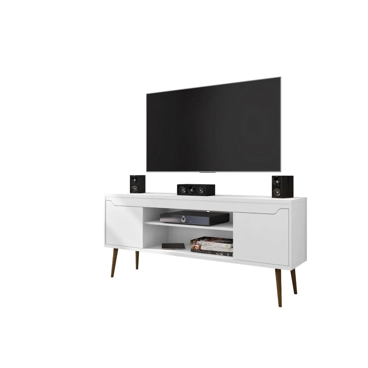 Manhattan Comfort Manhattan Comfort Bradley 62.99 TV Stand White 2 Media Shelves 2 Storage Shelves Solid Wood Legs — product photo