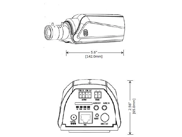 White rectangular box network camera with front lens and side ports
