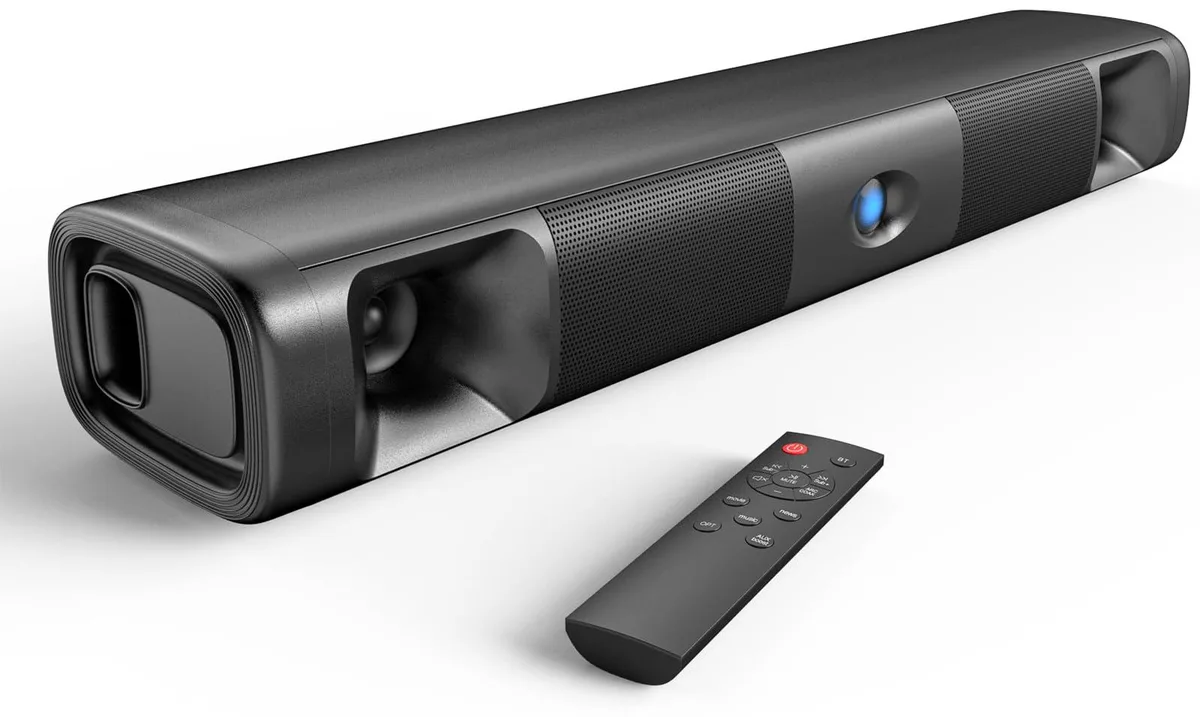 Compact black ABS soundbar, 17 inch wide, wall-mountable with dual bass drivers