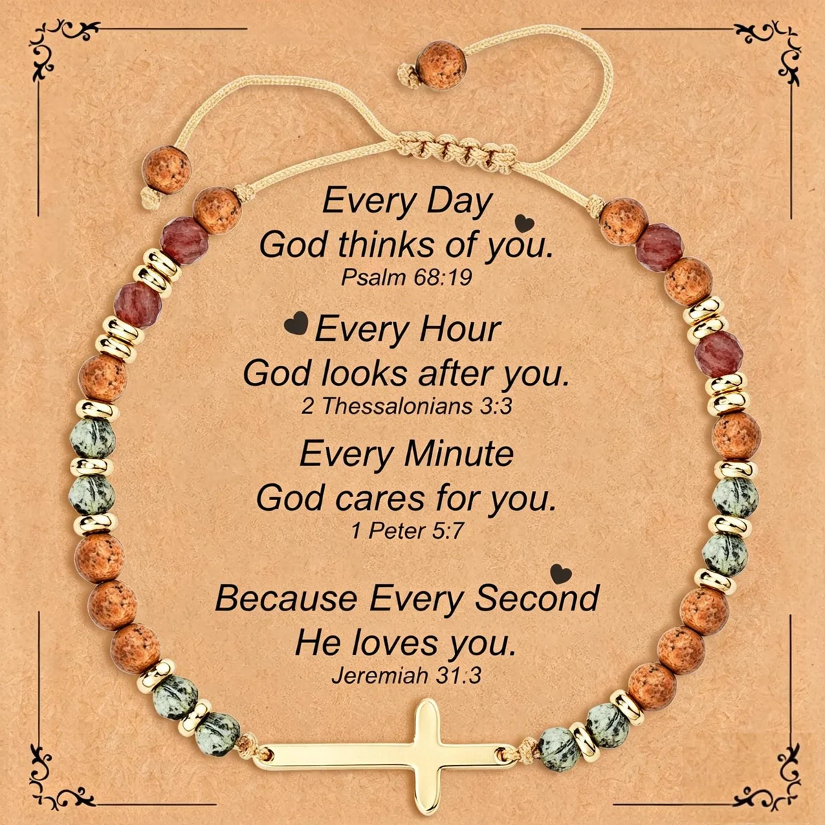 Gold beaded stretch bracelet with cross charm
