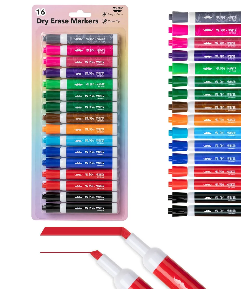 Sixteen chisel-tip dry-erase markers in assorted colours, barrel-shaped bodies