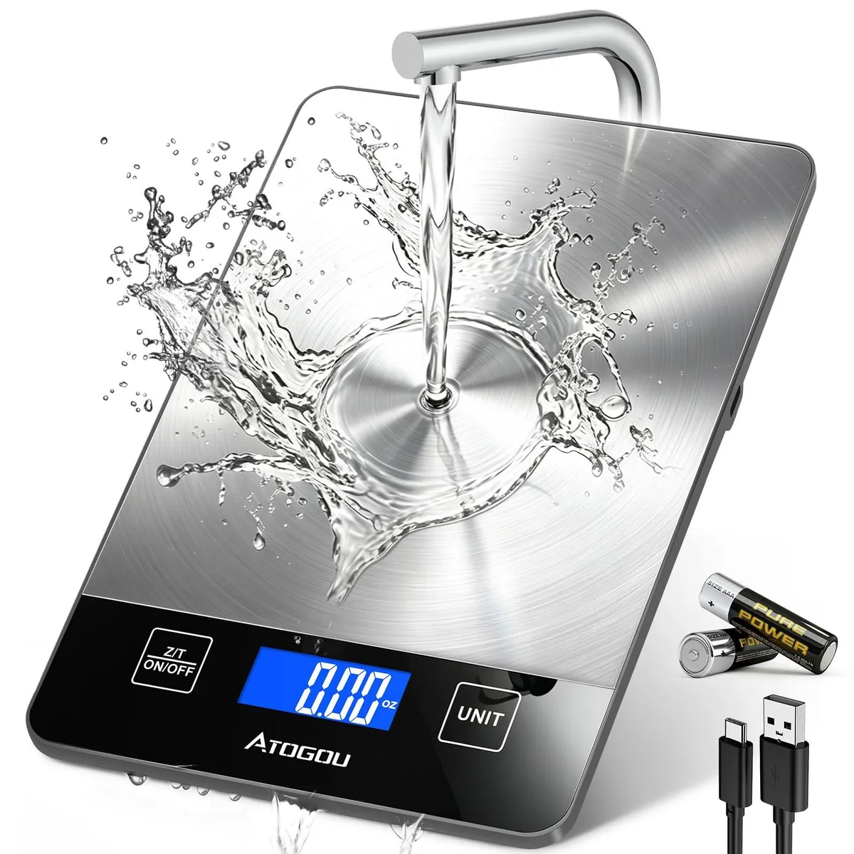 Compact grey digital kitchen scale with stainless steel platform and backlit LCD display