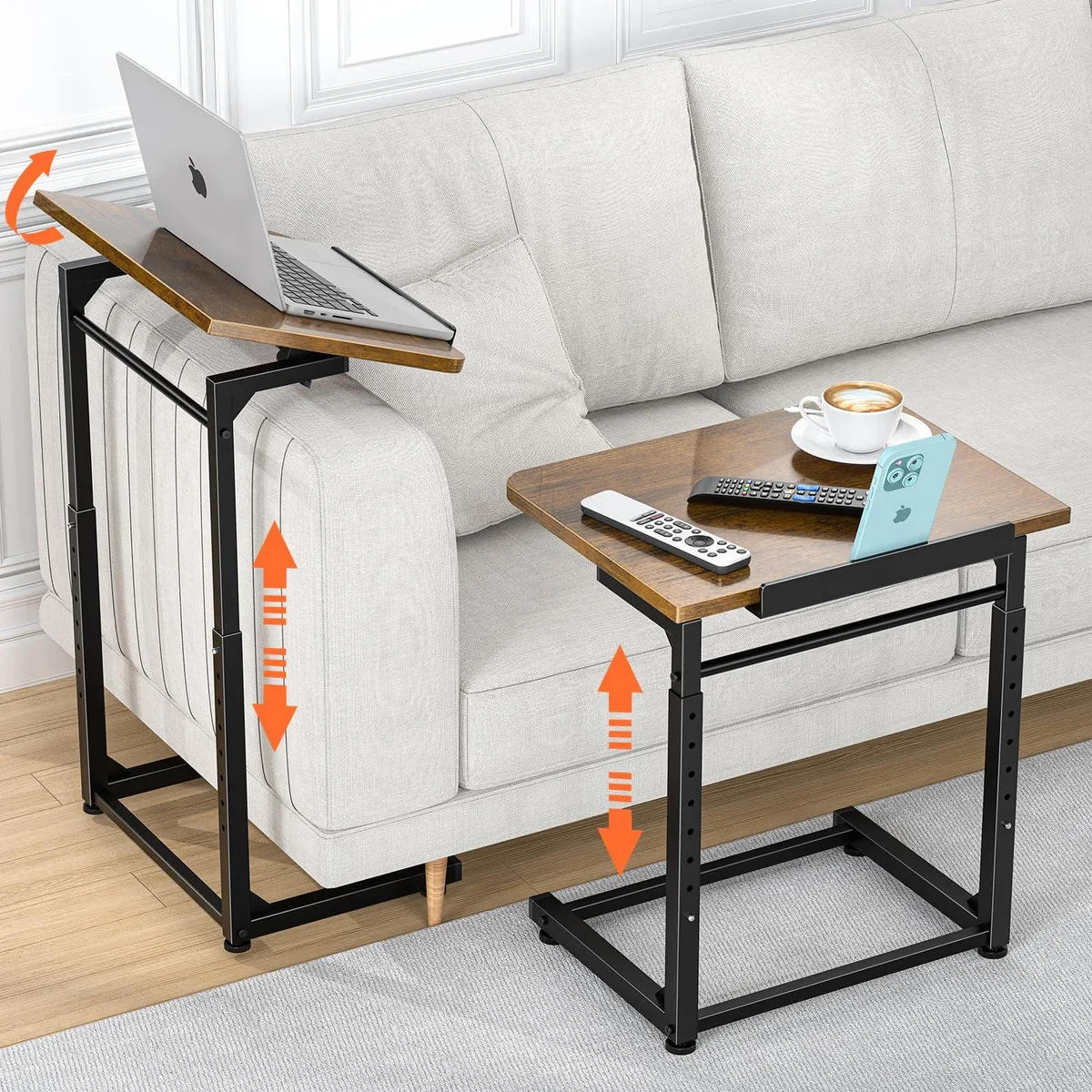 Brown C-shaped side table with adjustable height and tilt, magnetic phone slot, folded flat