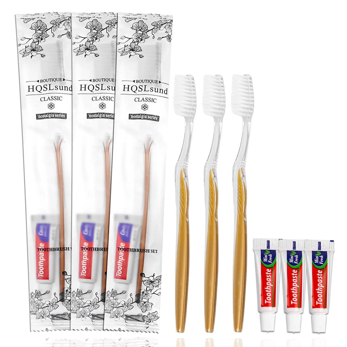 One hundred gold disposable toothbrushes with mini toothpaste tubes in individual paper wrappers